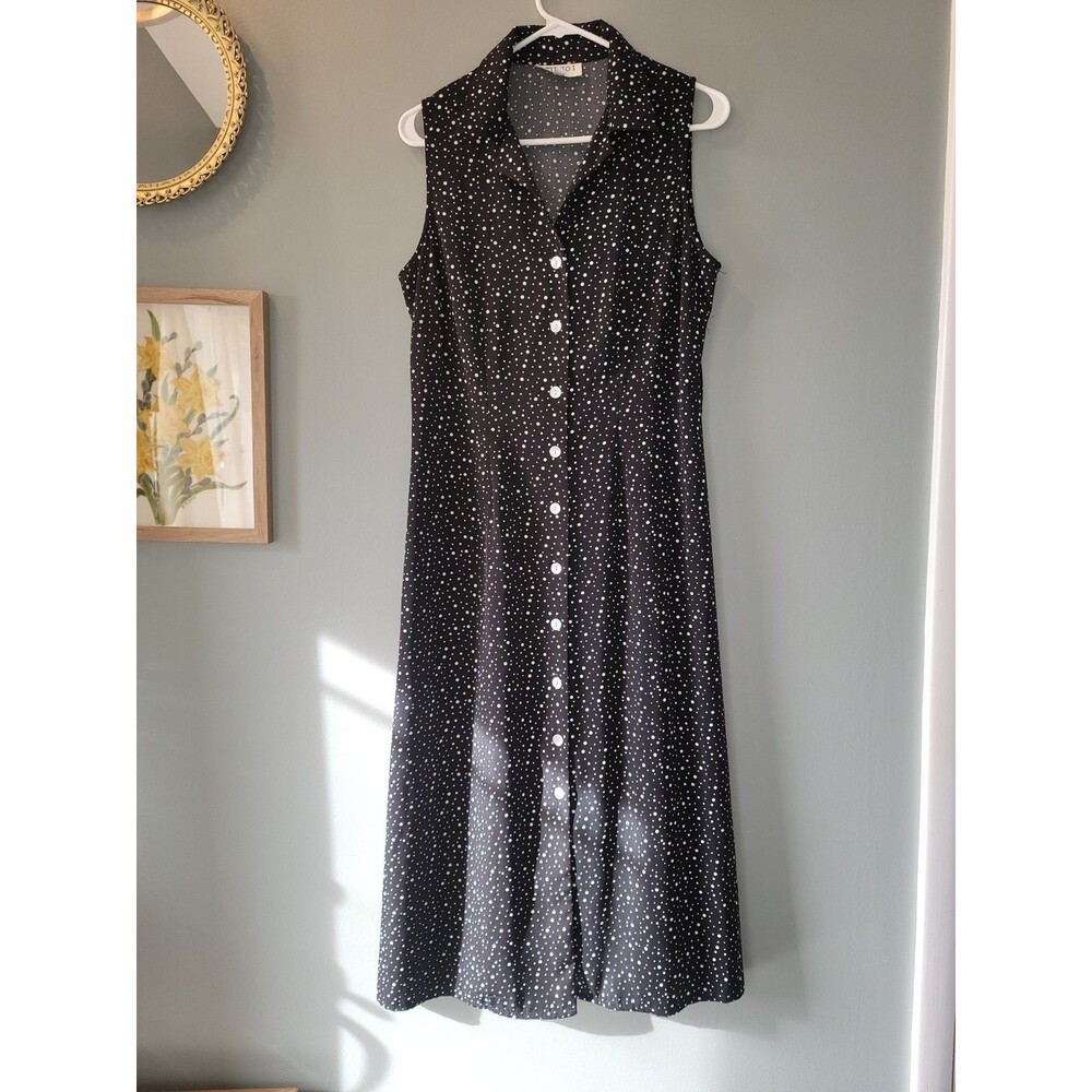 Studio I Womens Size 10 Black & White Polka Dot Button Up Collared Dress Vintage